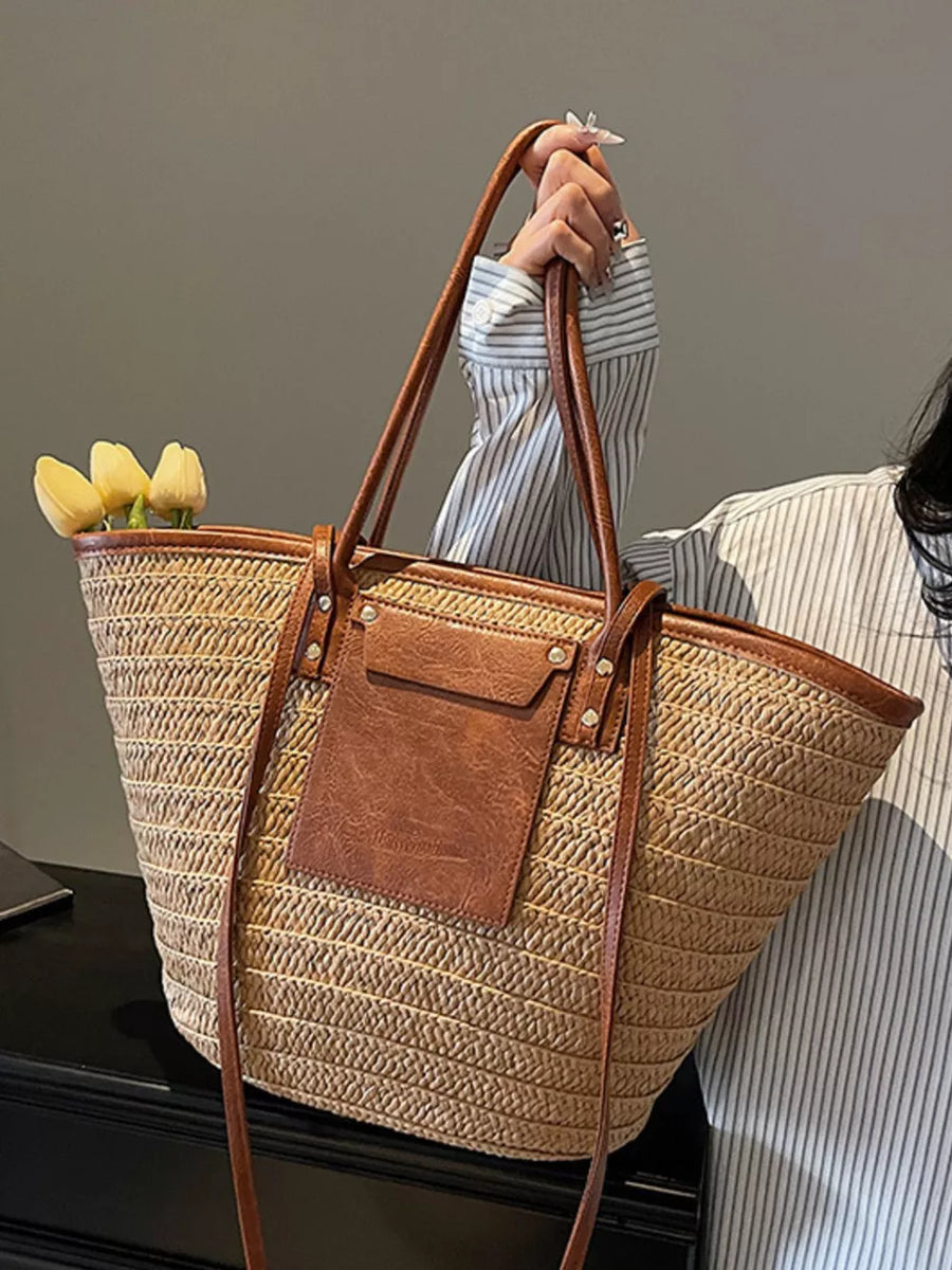 Straw Woven Shoulder Bag With Leather Accents option 8