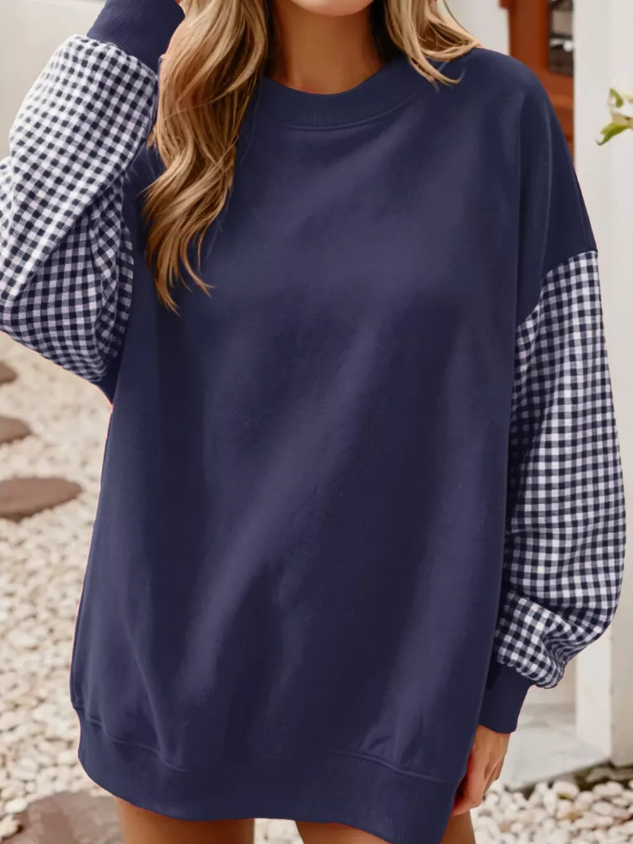 red sweatshirt with pullover and gingham