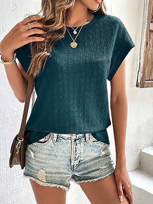 Malachite Green Textured Round Neck Short Sleeve Top