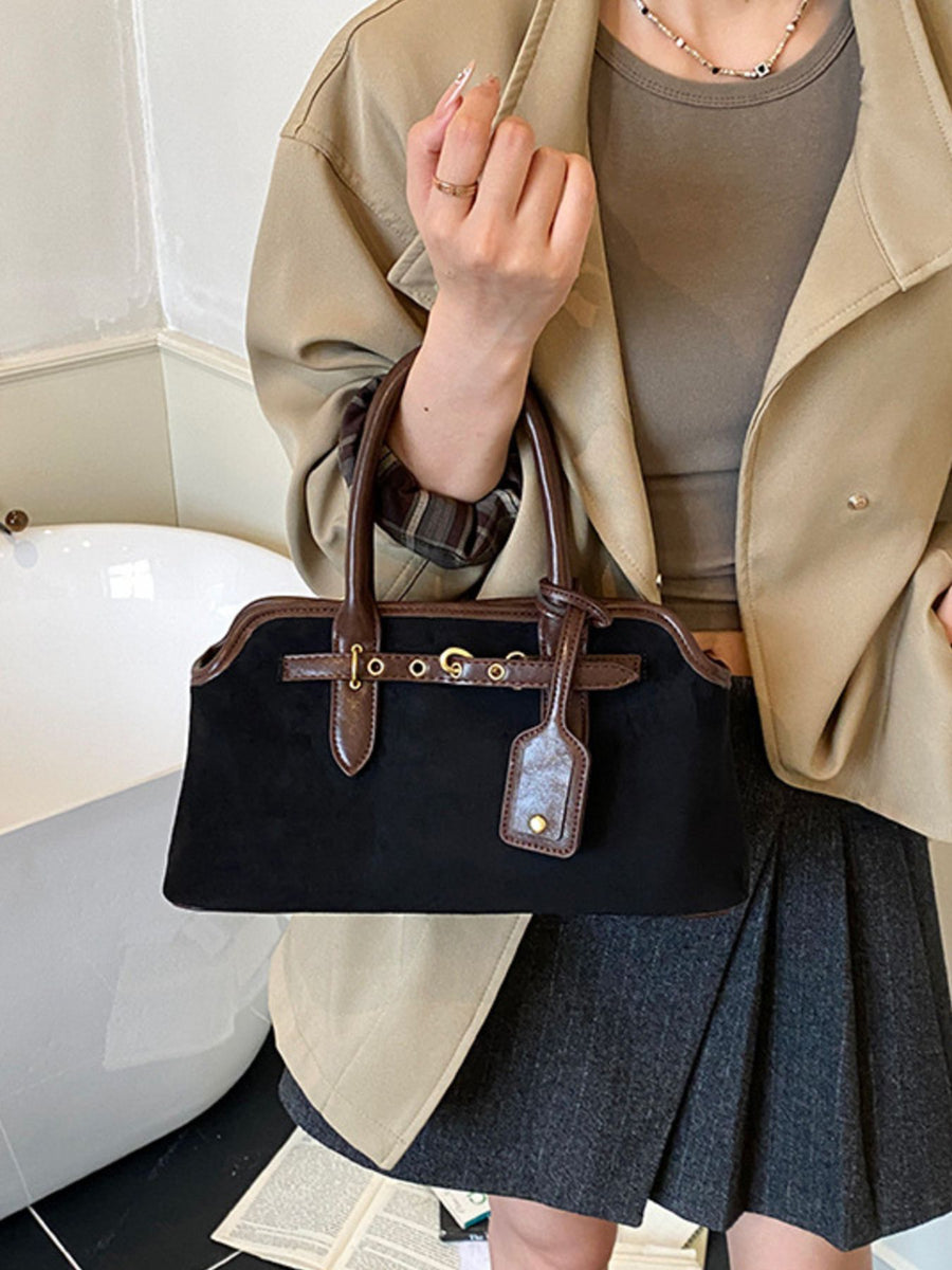 Vintage Buckle Detail Suede Handbag Tote Bag in black with buckle detail