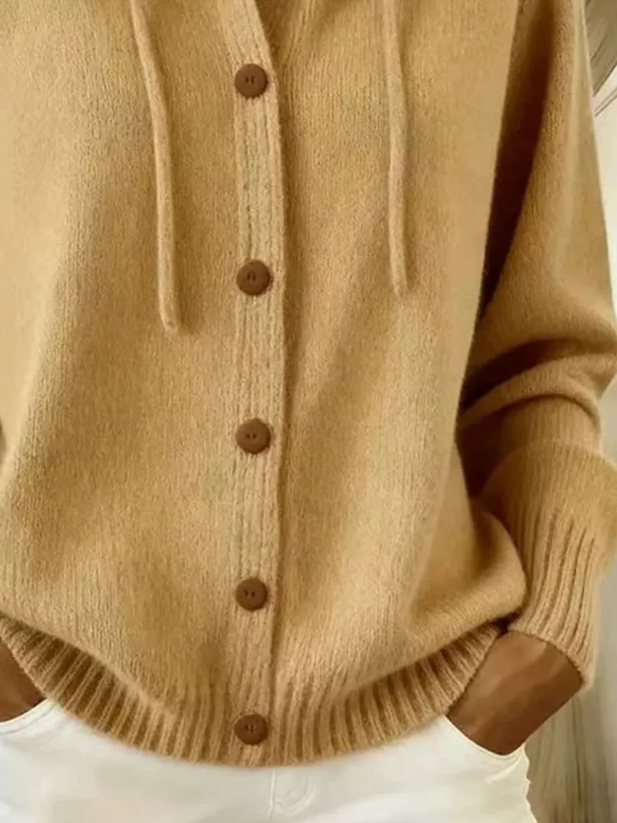 Full Size Hooded Button-down Knit Cardigan in White with hooded