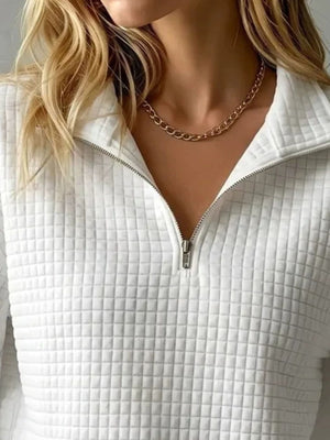 blush pink sweatshirt featuring zipper and waffle knit