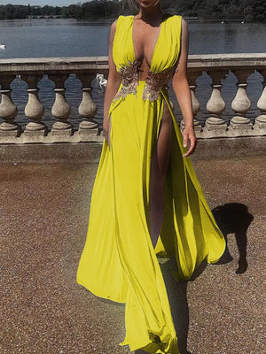 White A-line maxi dress with deep v-neck