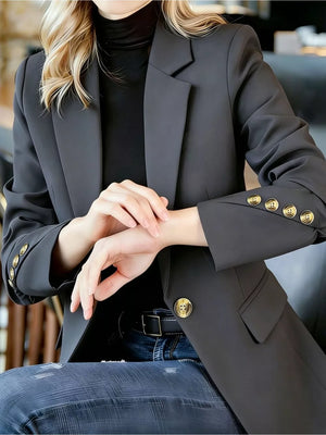 Full Size One Button Lapel Collar Blazer Plus Size in Apricot with plus-size