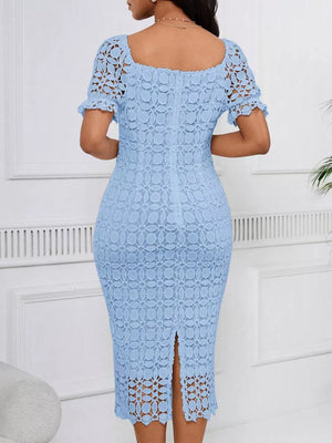 Light blue lace midi dress with short sleeves, square neckline, and a slit.