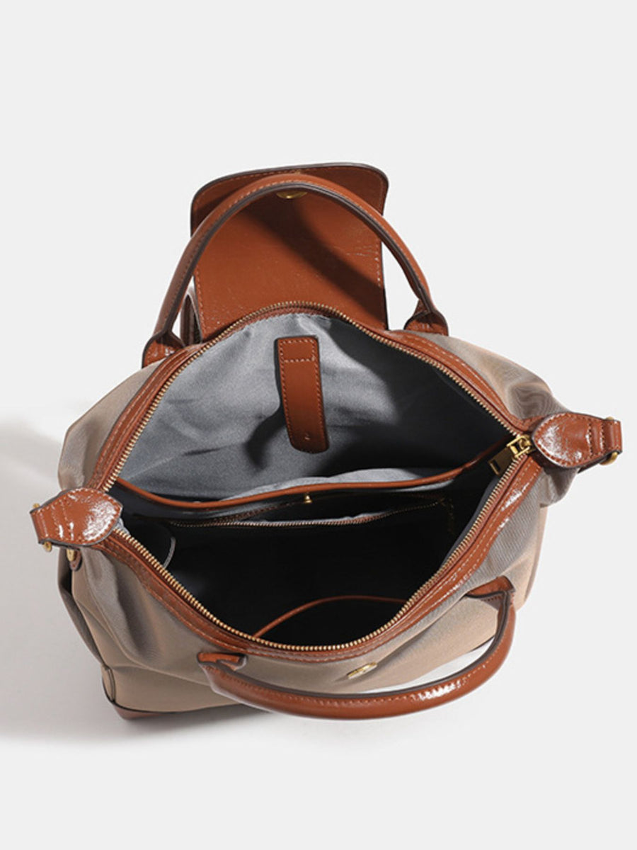 Leather Trim Medium Backpack Bag in taupe with top handle