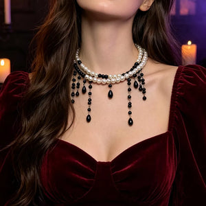 Halloween Pearl Double Layered Choker Necklace in ivory with double-layered