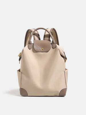 Elegant Minimalist Nylon Backpack With Leather Trim in taupe with leather trim