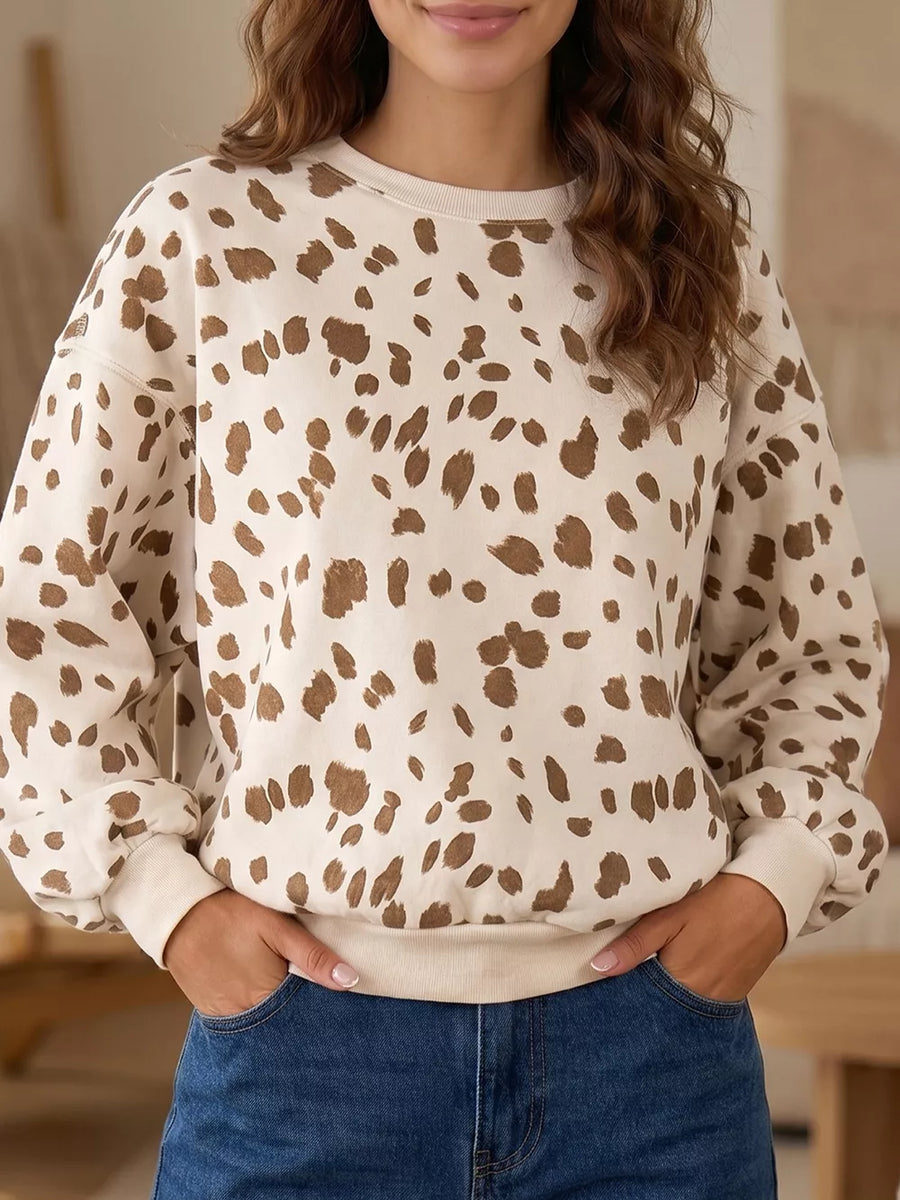 brown sweatshirt featuring dropped shoulder and leopard