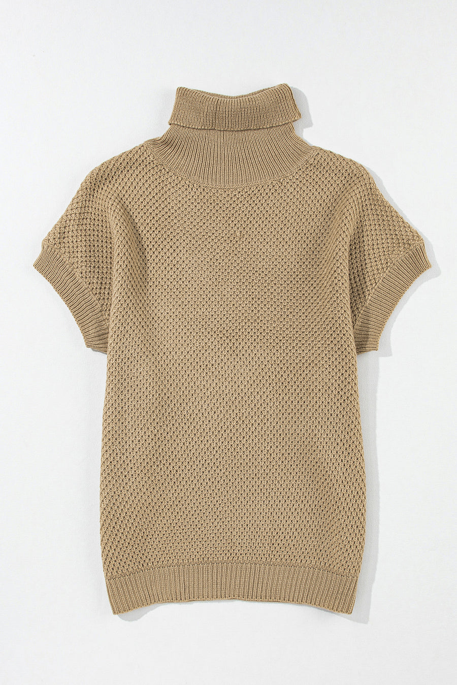 Khaki textured knit turtleneck cap sleeve sweater with a waffle knit pattern.