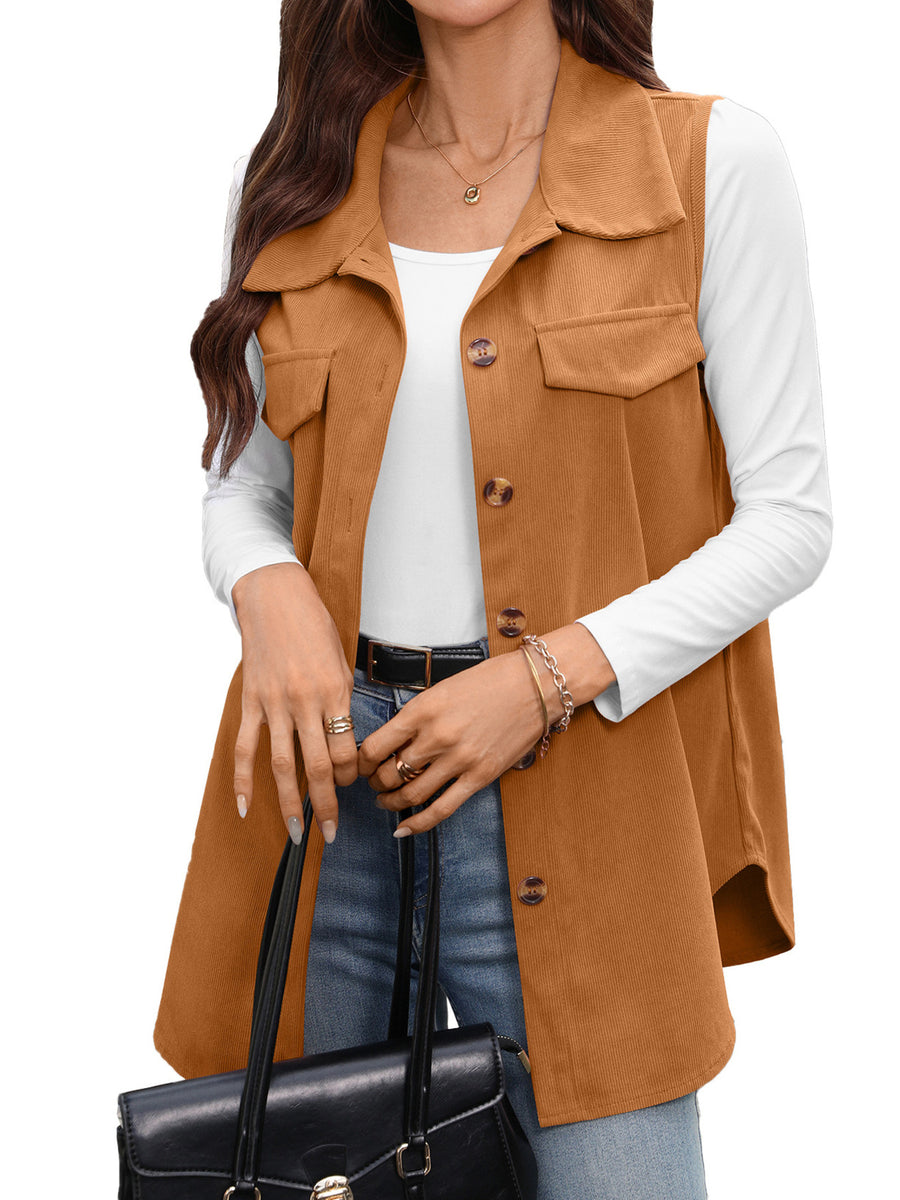 Black vest with tunic-length and button-front