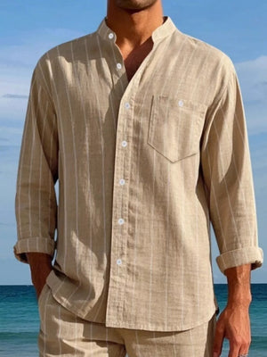 Men's tan linen-blend striped button-up shirt with band collar and chest pocket.