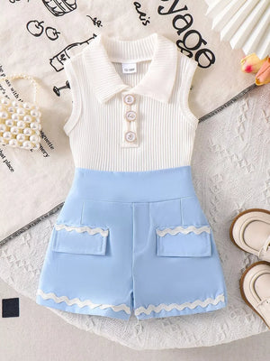 Children's Ribbed Knit Polo Top & Scalloped Shorts Set in Pink
