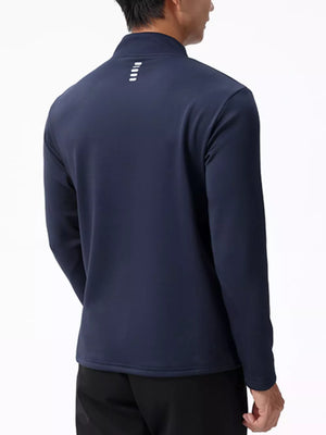 Men's dark navy half-zip sweatshirt with reflective detail on back yoke.