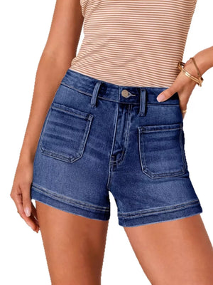 Dark blue denim shorts with high waist and utility pockets.