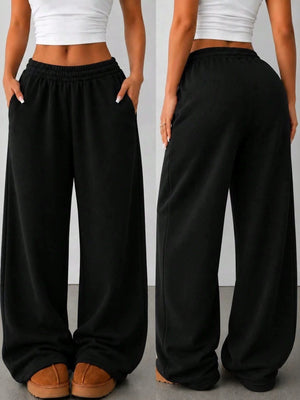 Relaxed-Fit Elastic Waist Wide-Leg Sweatpants in dark brown with pocketed
