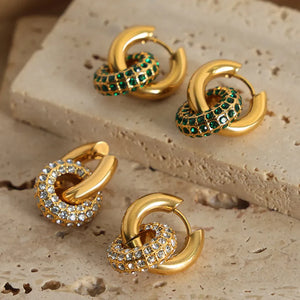 Gold pavé circle interlock hoop earrings with green or clear stones