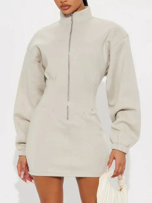 Off-white with Casual Zip-up Long Sleeve Mini Dress in Off-white
