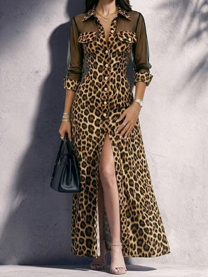 tan maxi dress with leopard and collared