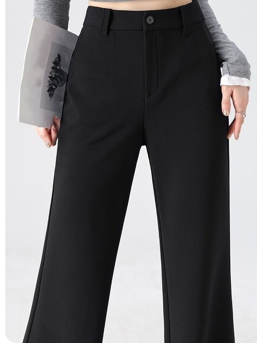 black trousers with full-length and button and zip-front