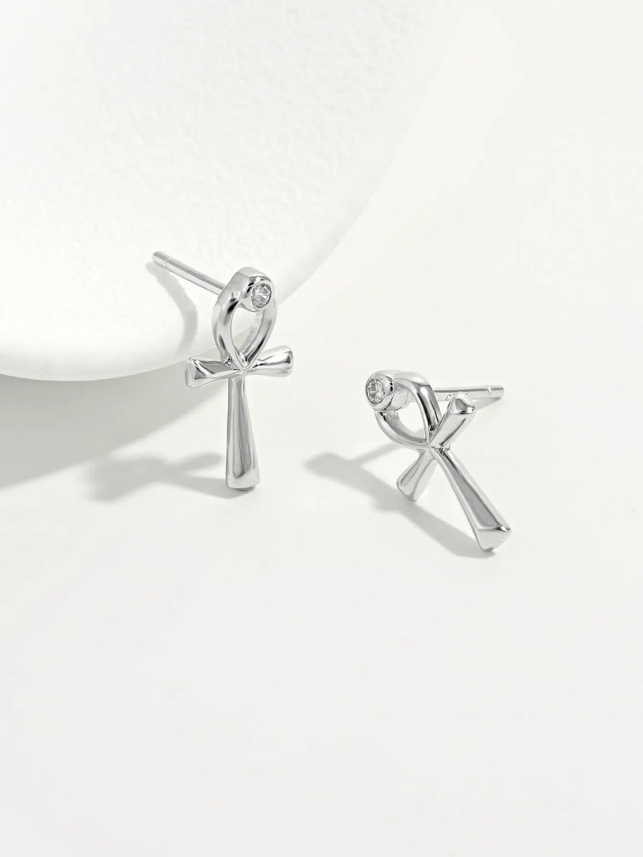 Silver ankh stud earrings with zircon detail