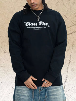 Black cotton blend long sleeve tee with white Class Five graphic print