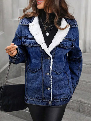 medium wash blue denim jacket with hip-length and button-front
