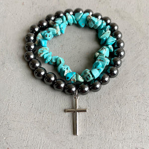 Hematite and turquoise stacked bracelets with silver cross charm