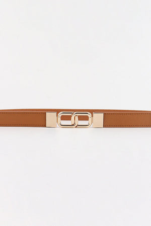 Caramel elastic belt with linked rectangle buckle and gold hardware
