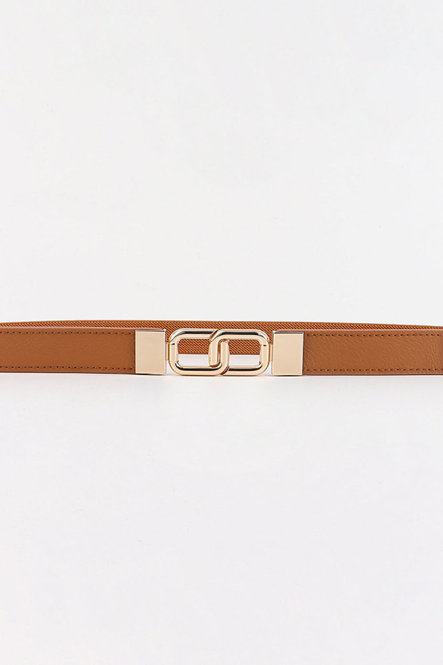 Caramel elastic belt with linked rectangle buckle and gold hardware