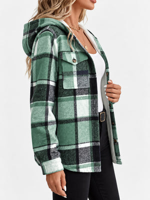 black shacket featuring buttoned and plaid