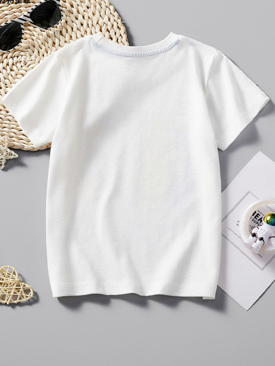 White cotton toddler t-shirt with a playful animal graphic and blue stitching on the neckline.