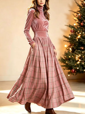 dusty rose two-piece set with plaid and turtleneck