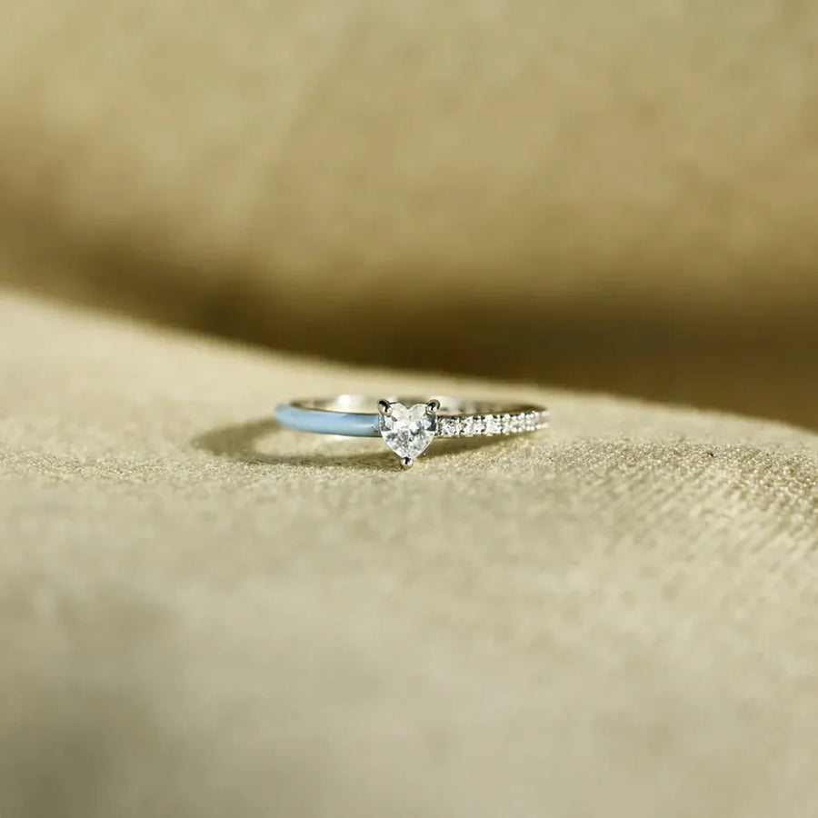 Light blue enamel heart & pave band ring in 925 sterling silver.