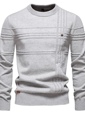 Gray crewneck knit sweater with textured horizontal and vertical panels and a single button detail.