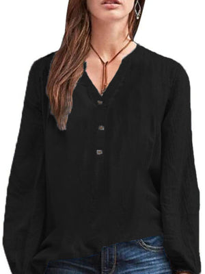 Black long-sleeve blouse with notched neckline and button detail