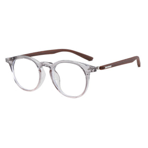 Chic round clear acetate eyeglasses with brown wood-look temples.