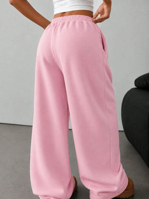 Relaxed-Fit Elastic Waist Wide-Leg Sweatpants in Pink with pocketed
