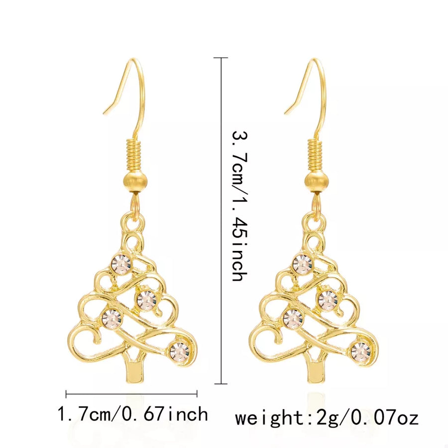 earrings in Gold with christmas tree motif and rhinestone embellishment
