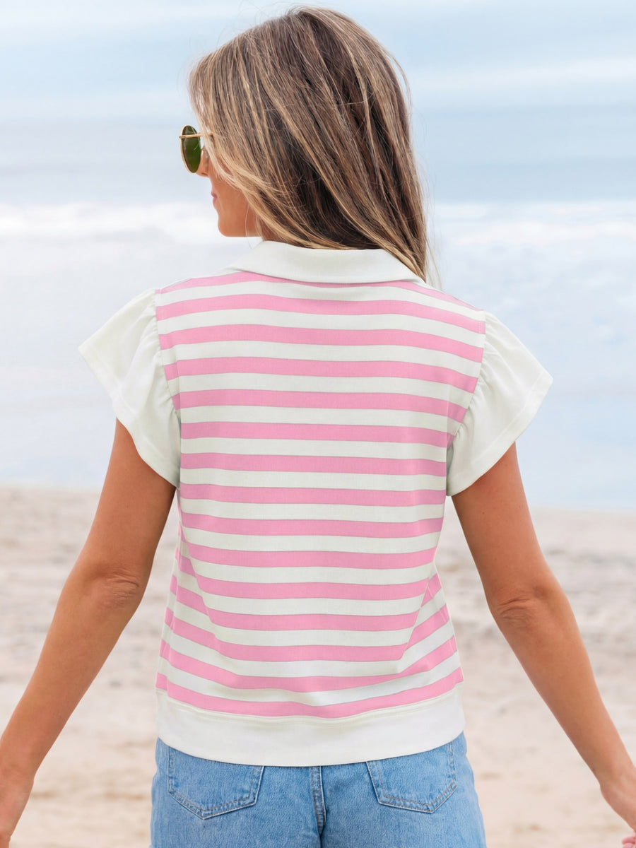 Cotton blouse with pink and white stripes, ruffled sleeves, and a collar.