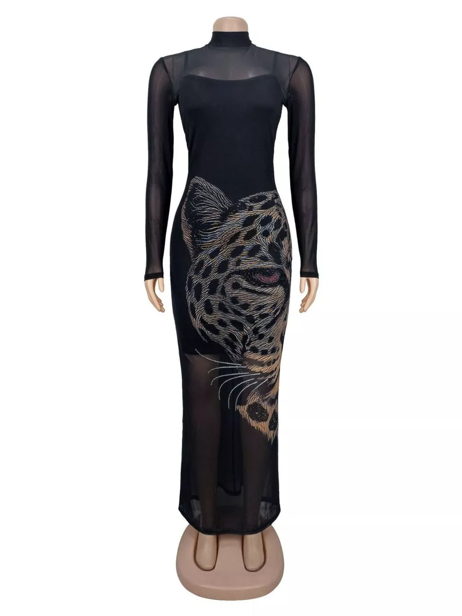 Black with Leopard Print Mesh Long Sleeve Maxi Dress
