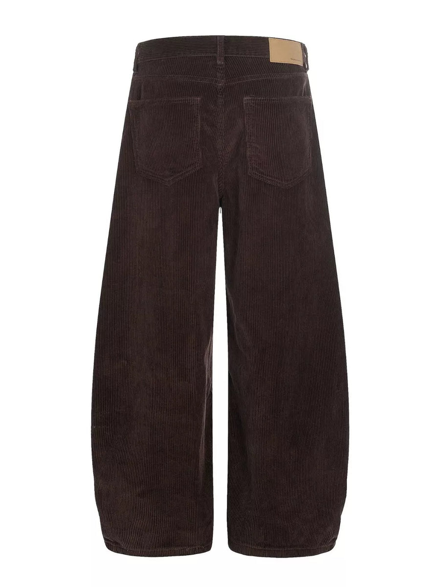 Brown corduroy wide-leg joggers for men with button fly and adjustable waist.
