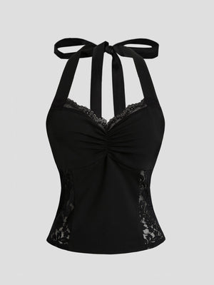 Black lace halter neck cami top with ruched front and lace side panels.