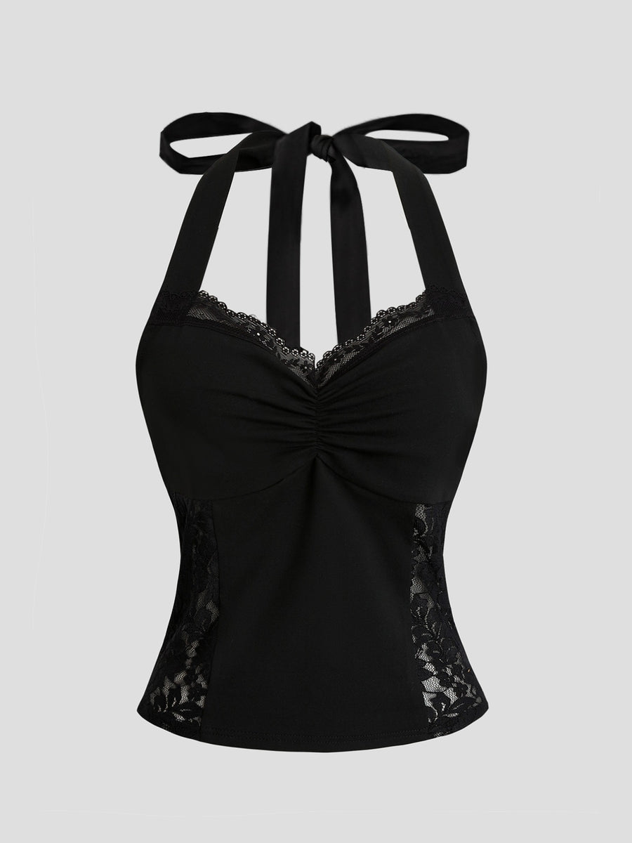 Black lace halter neck cami top with ruched front and lace side panels.
