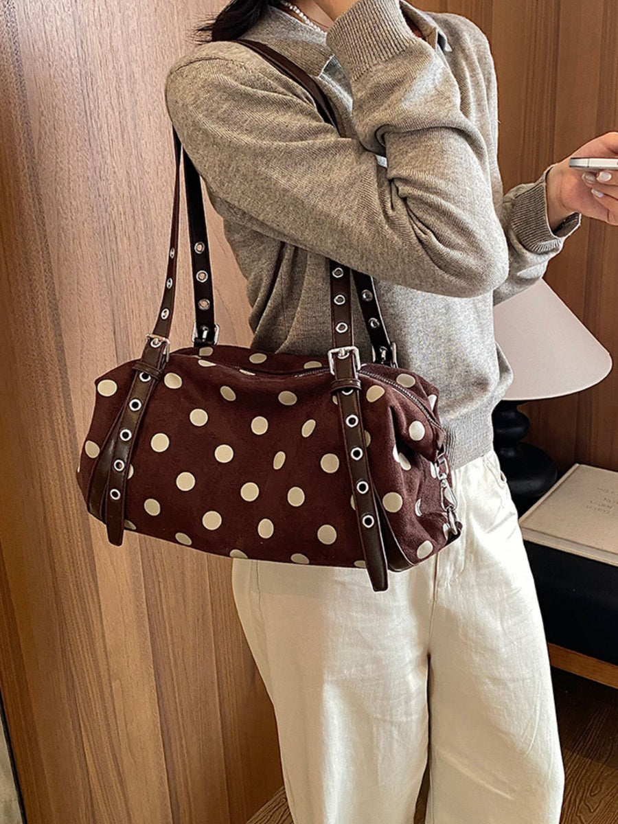 Gray shoulder bag with zip-front and polka dot