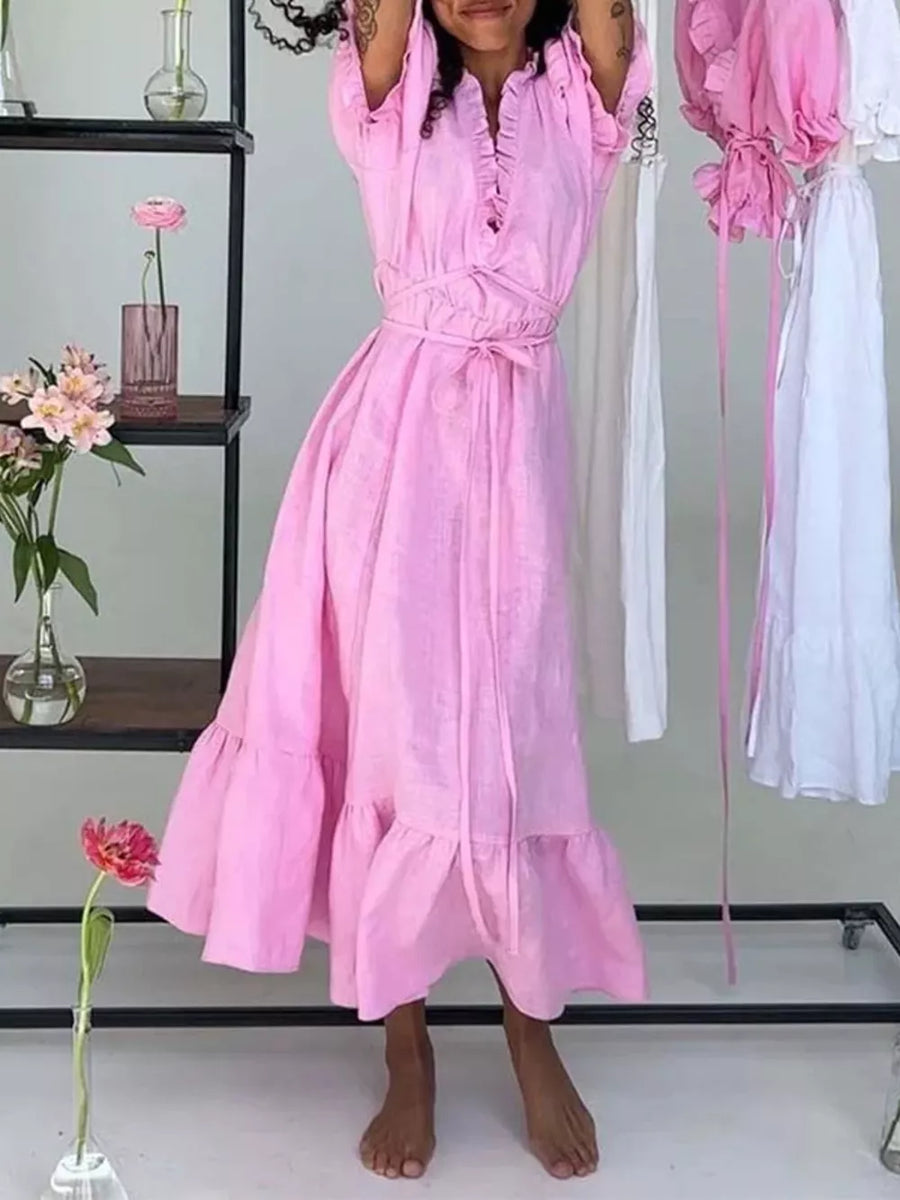 Pink A-line maxi dress with v-neck