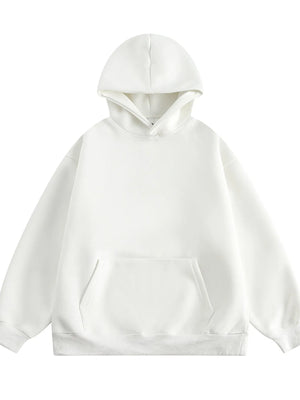 White long-sleeve hoodie with kangaroo pocket and drawstring hood.