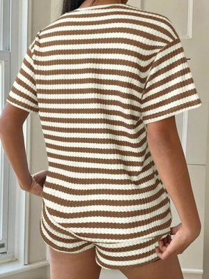 Brown and white striped waffle knit loungewear set with crew neck top and shorts.