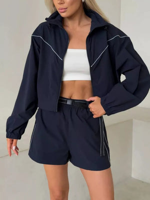 Drawstring Zip-up Jacket And Shorts Set in dark brown with contrast stitching