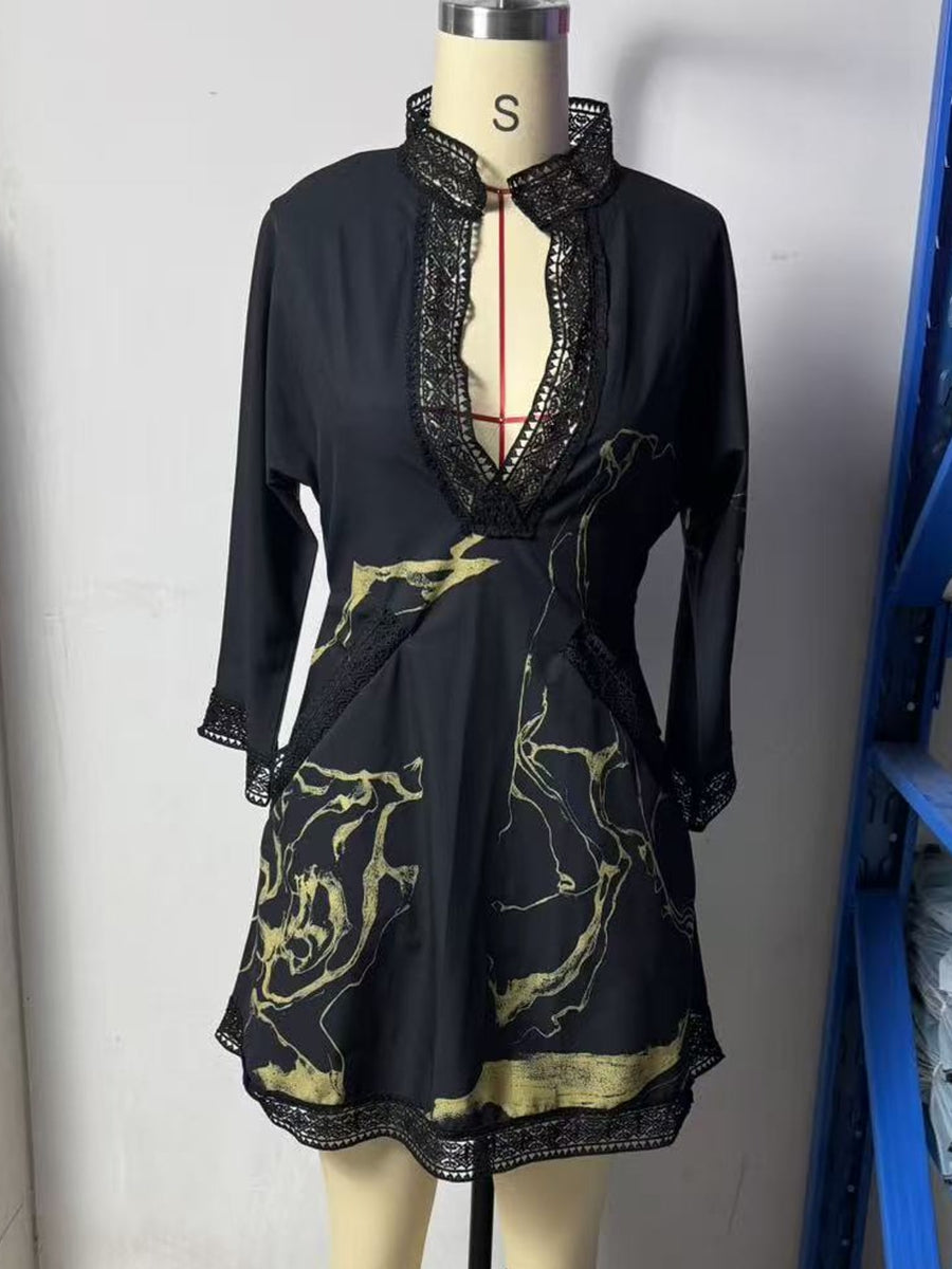 mini dress in Black with abstract-print and lace detail